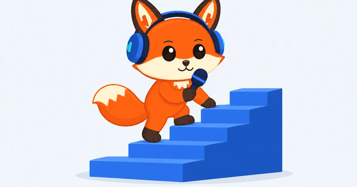 Enu, el zorro naranja, sube una escalera de cinco peldaños con auriculares puestos y un micrófono en la mano.
