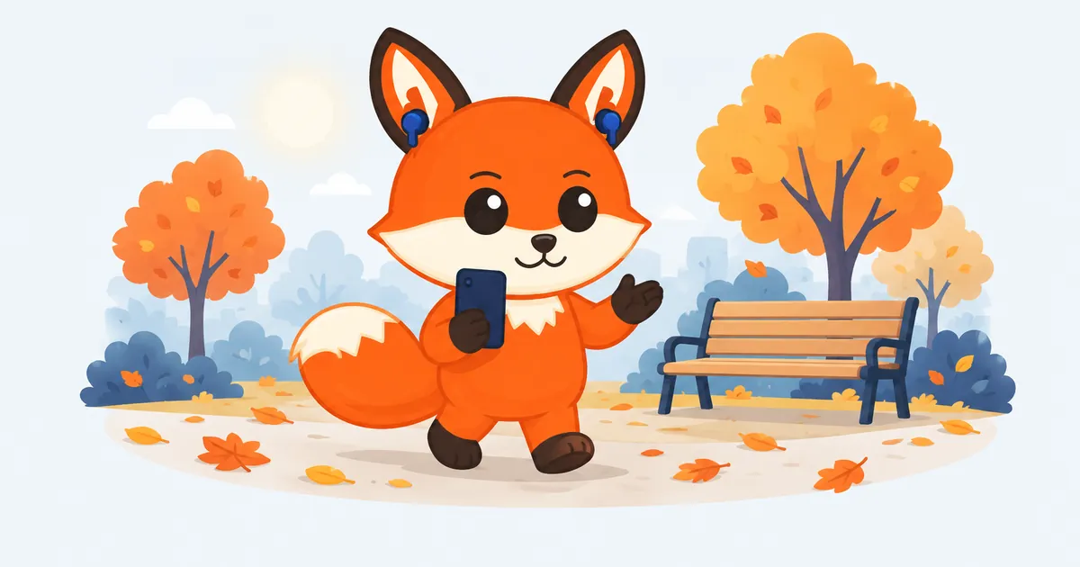 Zorro naranja con auriculares que pasea por un parque en otoño con el teléfono en una pata y gesticula con la otra; detrás hay un banco de madera.