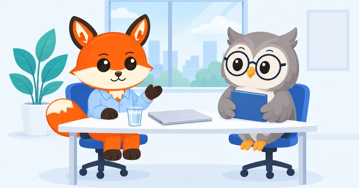 Enu, el zorro naranja con camisa azul, responde gesticulando con una pata a un búho con gafas que lo escucha con una carpeta en la mano, al otro lado de una mesa de oficina con un vaso de agua.