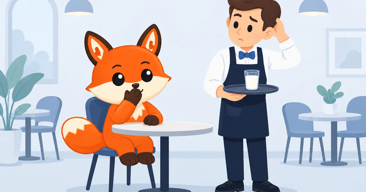 Enu, el zorro naranja, se tapa la boca con una pata en una cafetería; de pie junto a la mesa, un hombre con delantal sostiene una bandeja con un vaso de leche y se rasca la cabeza, desconcertado.