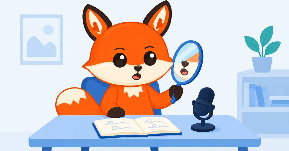 Un zorro naranja sentado a una mesa se mira la boca en un espejo de mano junto a un pequeño micrófono y un cuaderno abierto.