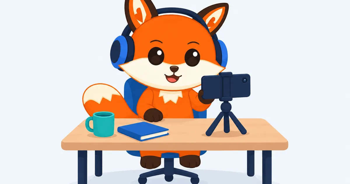 Un zorro naranja con auriculares, sentado en un escritorio, se graba hablando con un teléfono apoyado en un pequeño trípode.