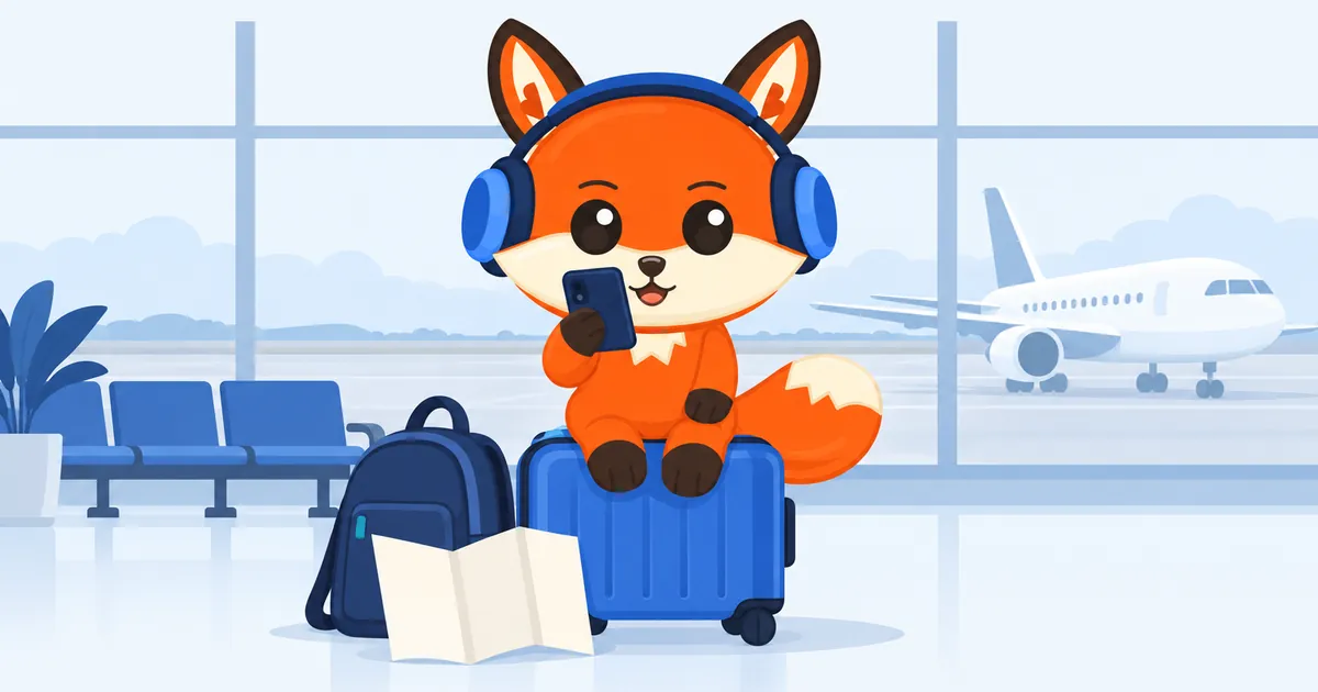 Enu, el zorro naranja, con auriculares y sentado sobre una maleta azul en la sala de espera de un aeropuerto, mira el teléfono; a su lado hay una mochila y un mapa de papel, y por la ventana se ve un avión.