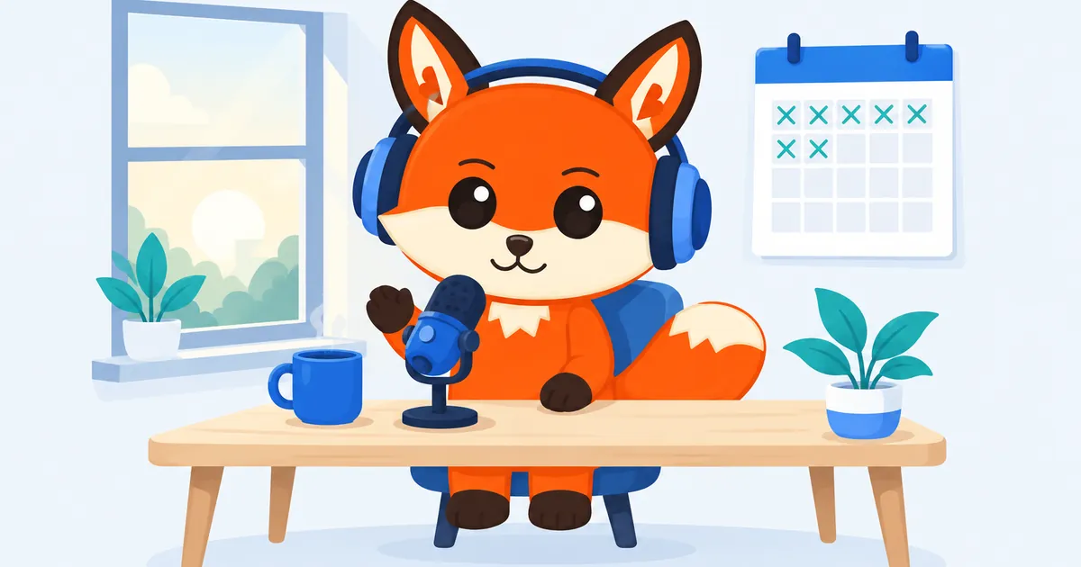 Un zorro naranja con auriculares habla a un micrófono de mesa junto a una ventana, delante de un calendario de pared con varias casillas tachadas en verde.