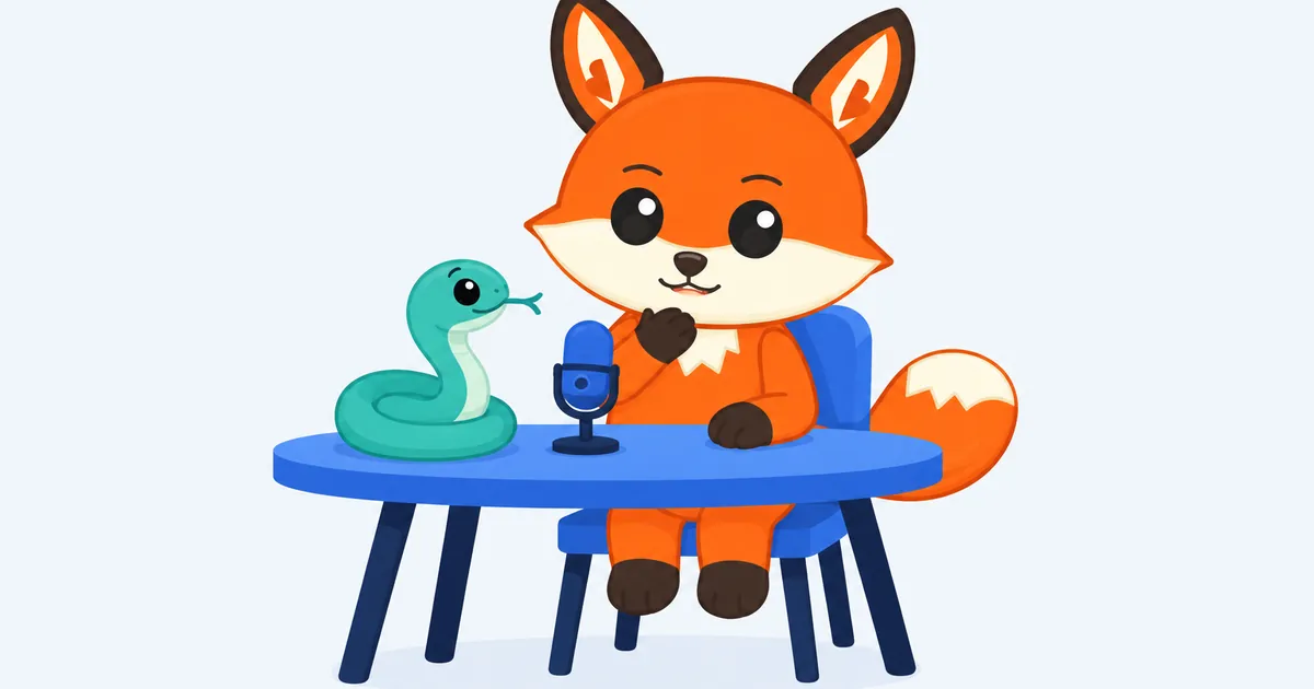 Enu, el zorro naranja, sentado a una mesa azul ante un micrófono y con una pata en el cuello, junto a una serpiente verde azulada enroscada que saca la lengua.